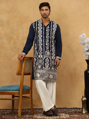 Men Silk Blend Embroidered Kurta Pyjama ( 65KP PJ11W 5415Navy )