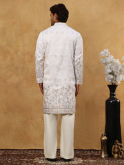 Men Silk Blend Embroidered Kurta Pyjama Set ( 65KP PJ11W 5458White )
