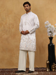Men Silk Blend Embroidered Kurta Pyjama Set ( 65KP PJ11W 5458White )