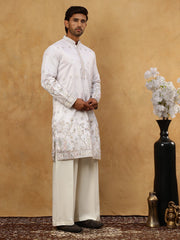 Men Silk Blend Embroidered Kurta Pyjama Set ( 65KP PJ11W 5458White )