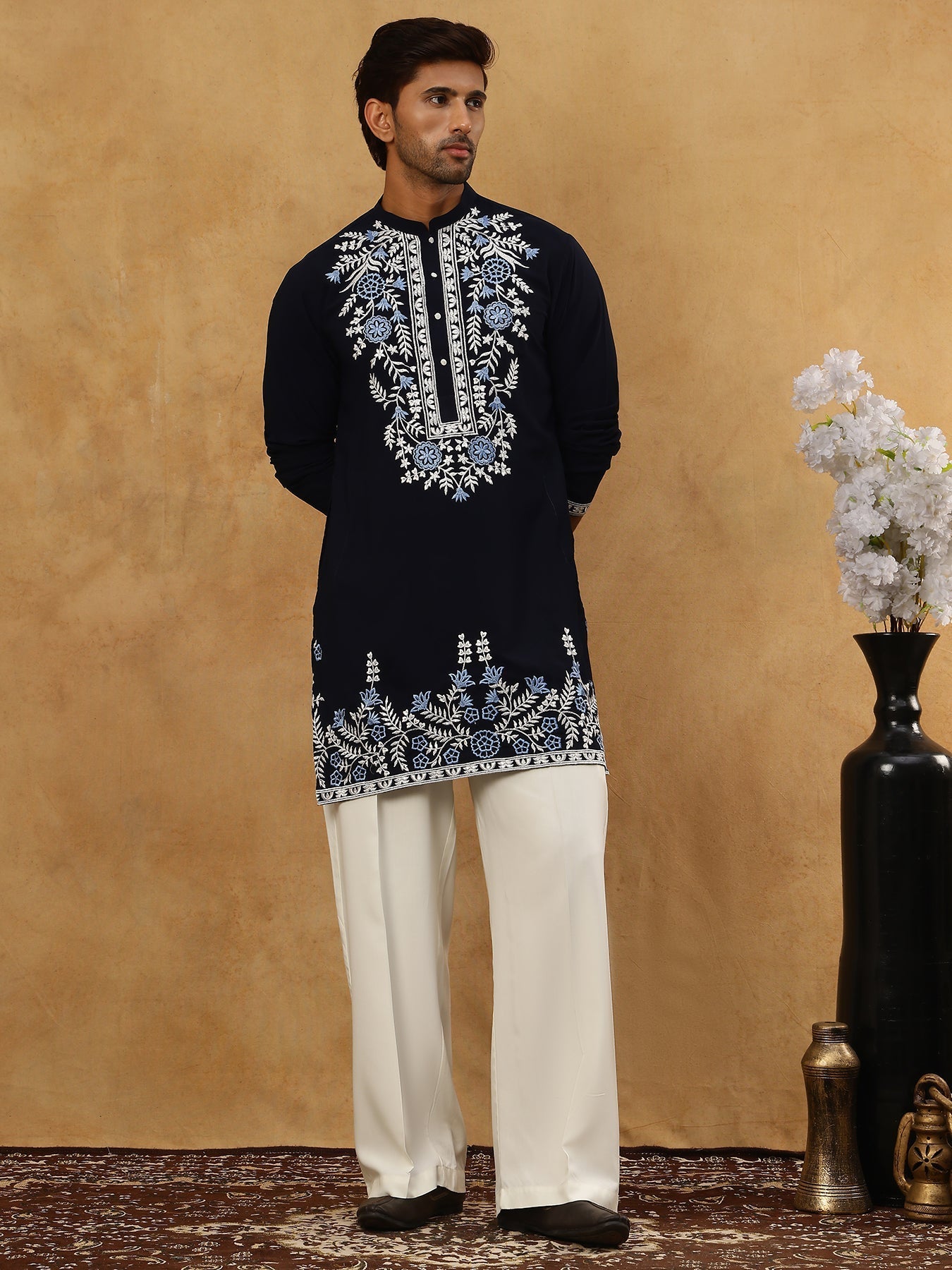 DesiQlo Men Embroidered Kurta Pyjama Set - Blue - 65KP_PJ11W_5498Navy_