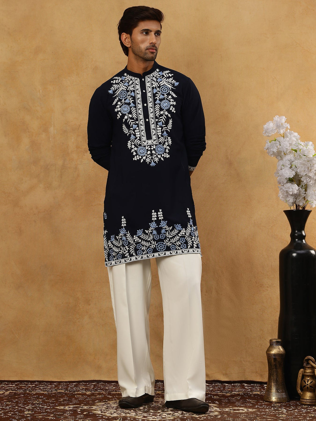 Men Japanese Fabric Embroidered Kurta Set ( 65KP PJ11W 5498Navy )