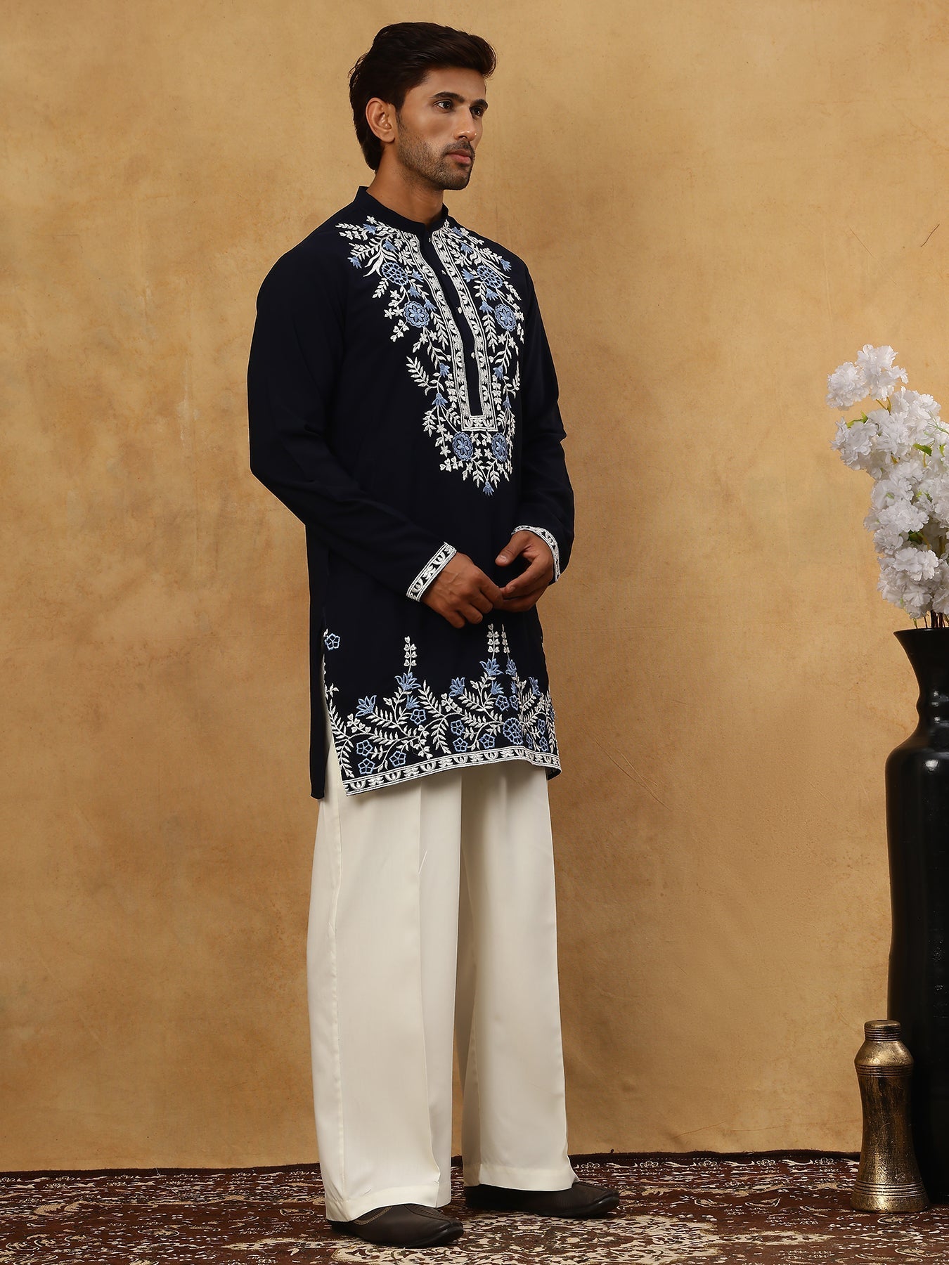 DesiQlo Men Embroidered Kurta Pyjama Set - Blue - 65KP_PJ11W_5498Navy_