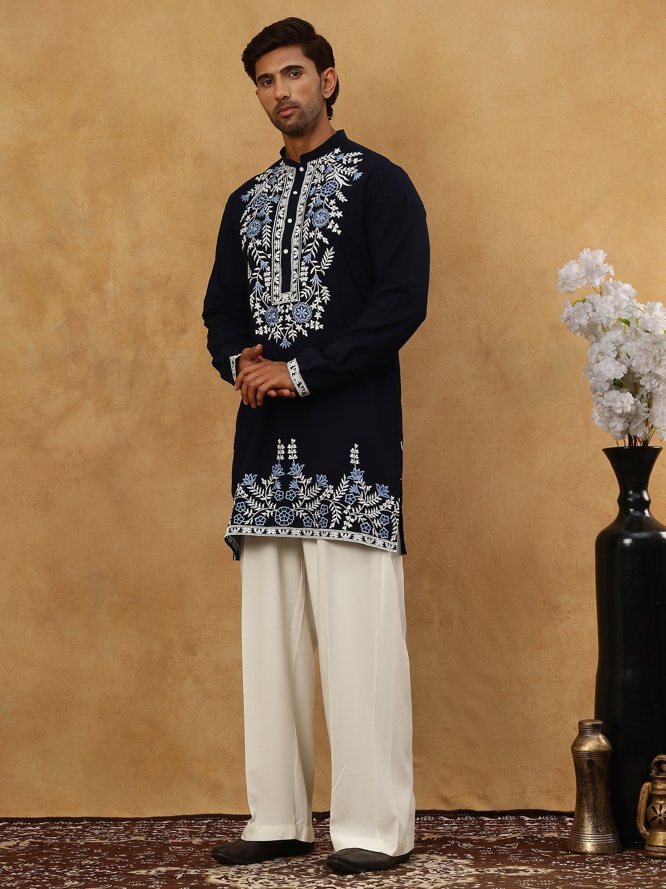 DesiQlo Men Embroidered Kurta Pyjama Set - Blue - 65KP_PJ11W_5498Navy_