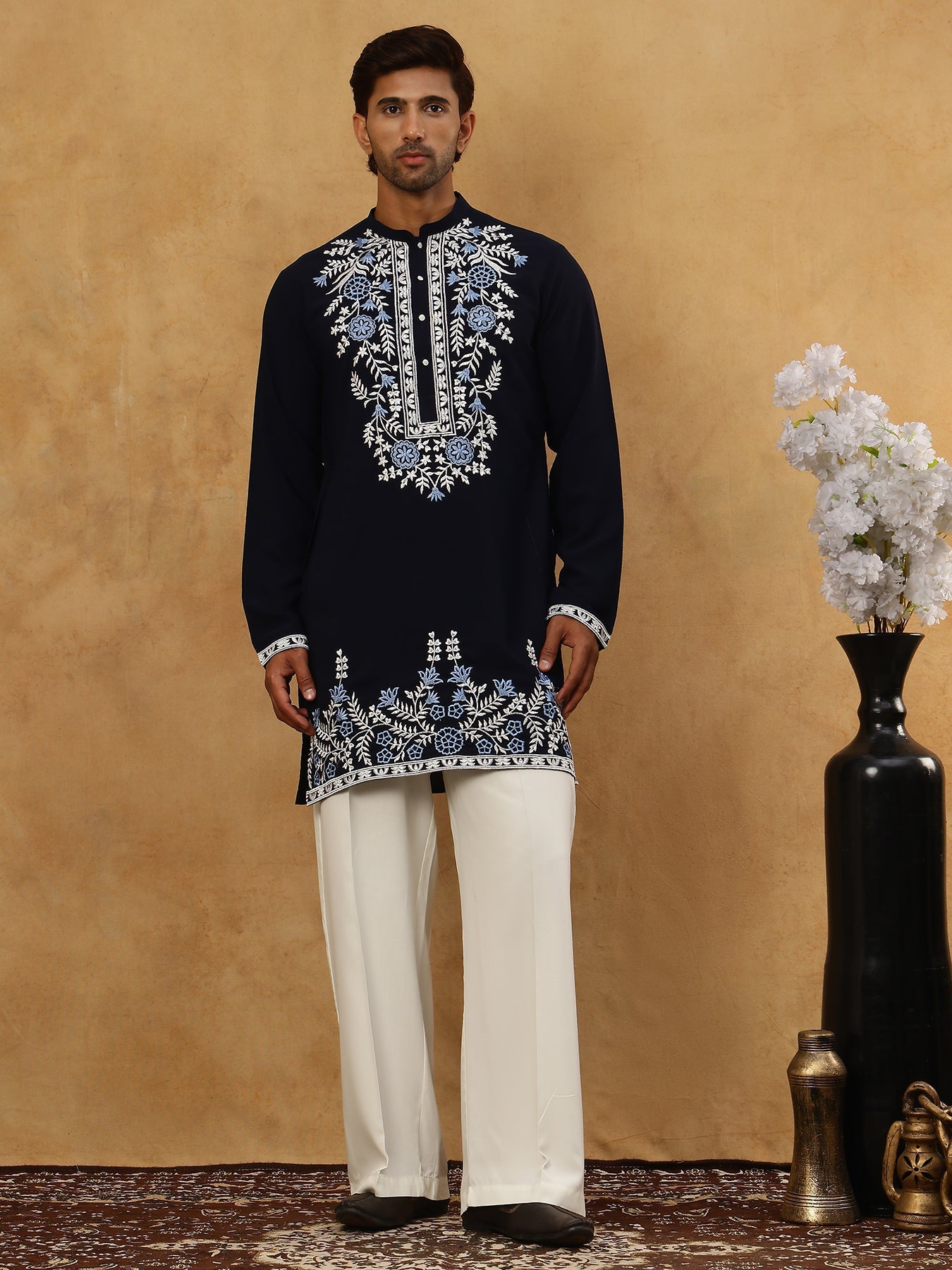 DesiQlo Men Embroidered Kurta Pyjama Set - Blue - 65KP_PJ11W_5498Navy_