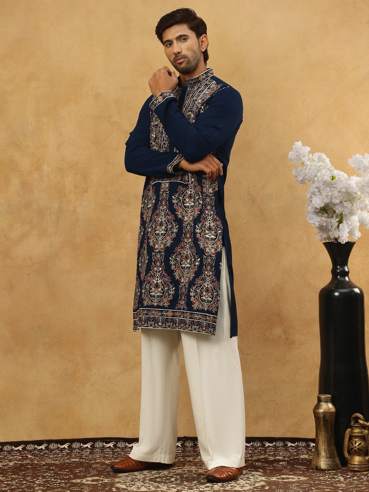 DesiQlo Men Embroidered Kurta Pyjama Set - Multicolor - 65KP_PJ11W_550