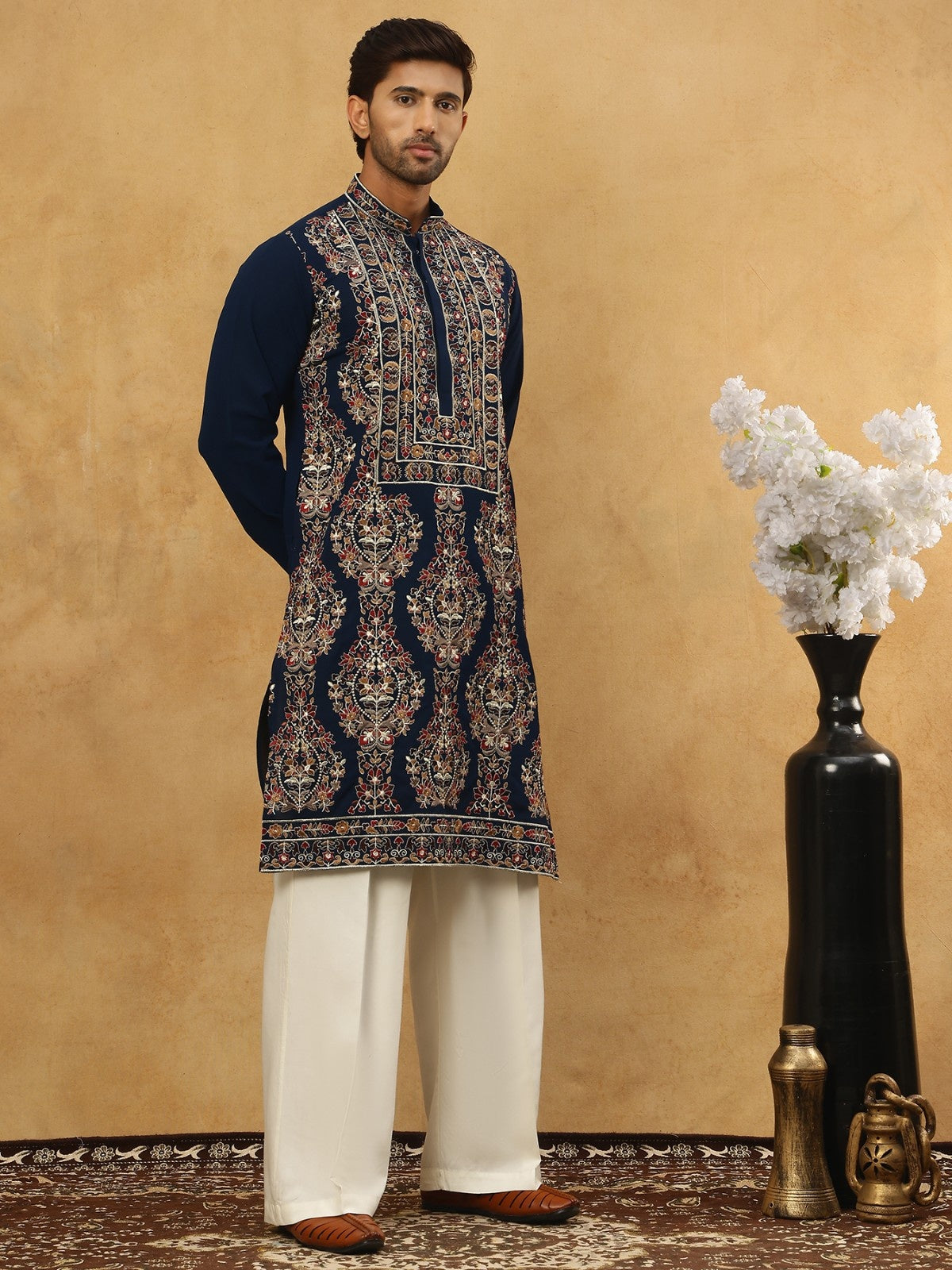 DesiQlo Men Embroidered Kurta Pyjama Set - Multicolor - 65KP_PJ11W_550