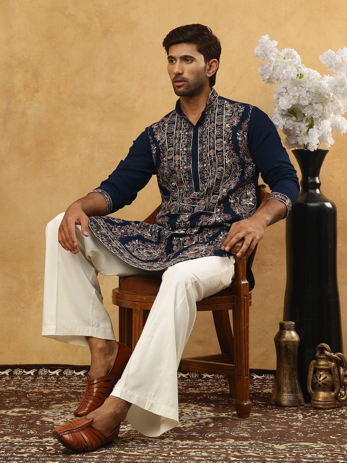 DesiQlo Men Embroidered Kurta Pyjama Set - Multicolor - 65KP_PJ11W_550