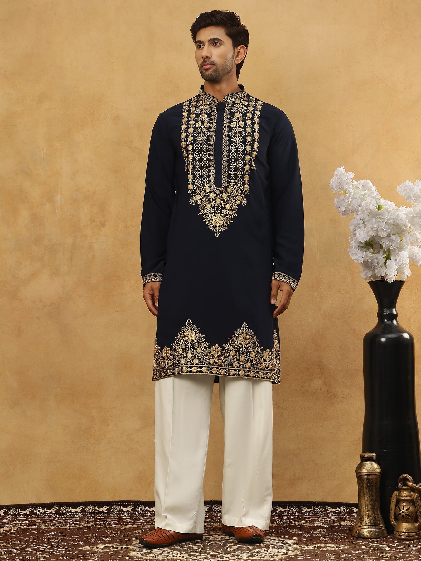 DesiQlo Men Embroidered Kurta Pyjama Set - Blue - 65KP_PJ11W_5512Navy_