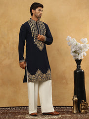 Men’s Japanese Embroidered Kurta Set ( 65KP PJ11W 5512Navy ) [FF] [K-5-6]