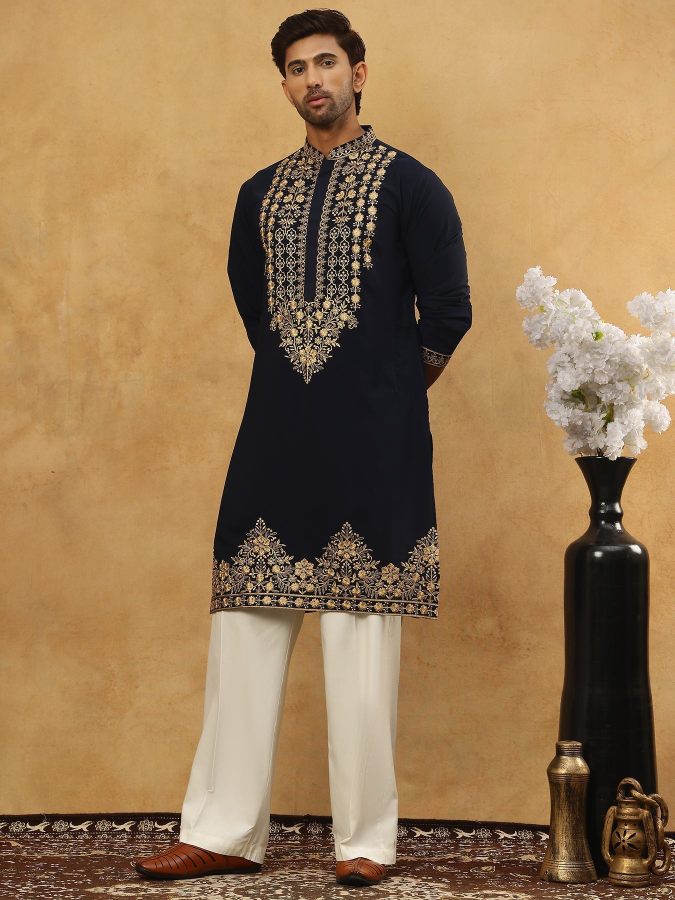 DesiQlo Men Embroidered Kurta Pyjama Set - Blue - 65KP_PJ11W_5512Navy_