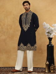 Men’s Japanese Embroidered Kurta Set ( 65KP PJ11W 5512Navy ) [FF] [K-5-6]