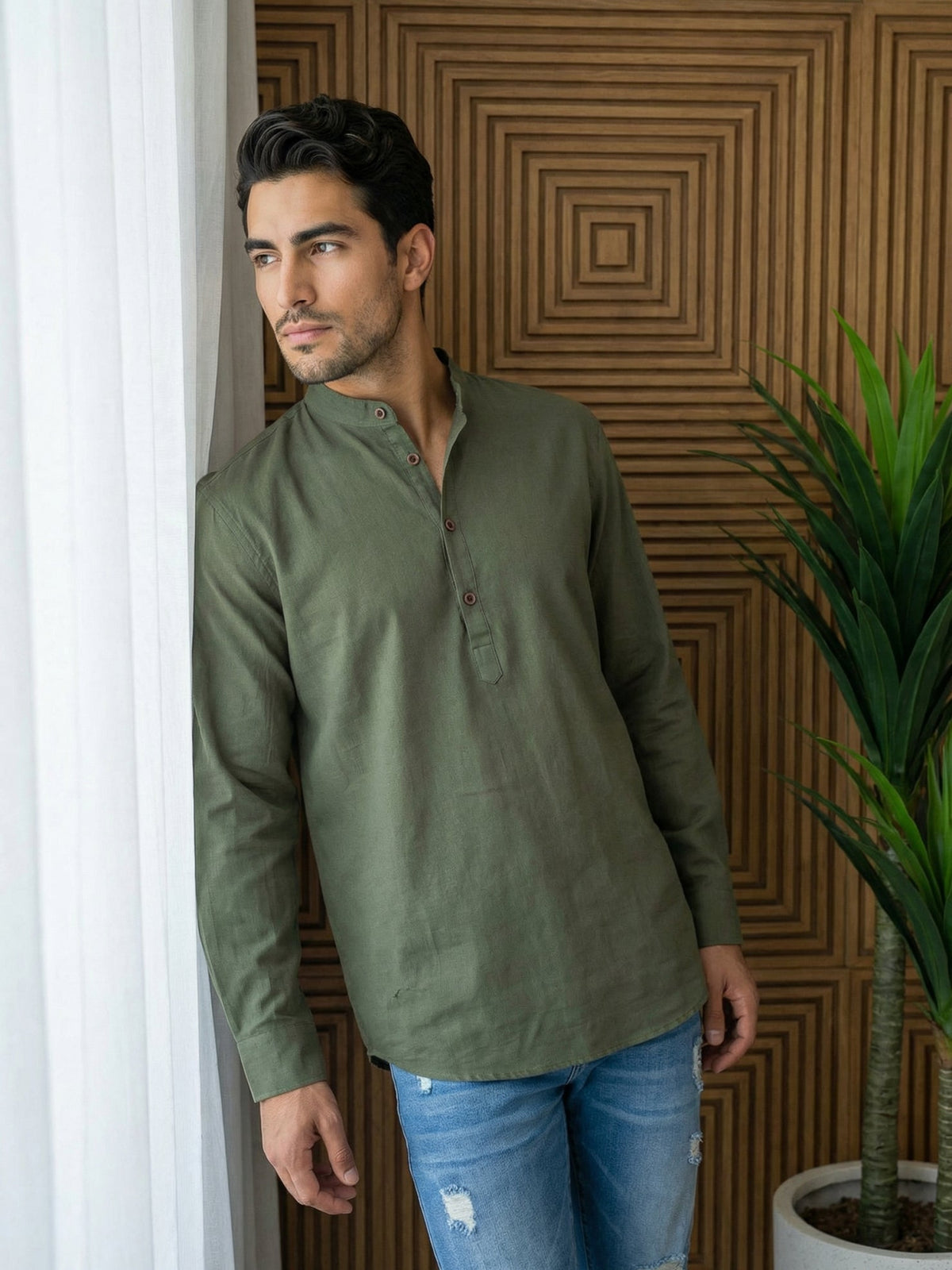 Men’s Solid Pure Cotton Short Kurta ( 65SK 5398Olive ) [FF] [P-16]