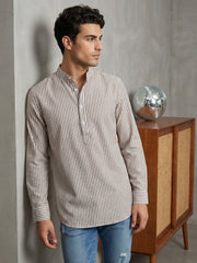 Men’s Beige Striped Short Kurta ( 65SK 5456Beige ) [FF] [O-6]
