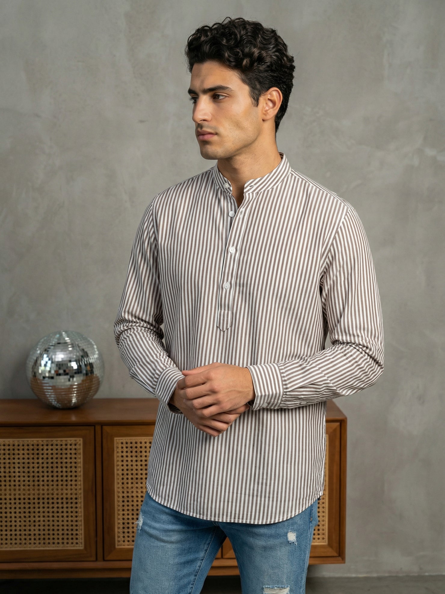 DesiQlo Men Striped Kurta Only - Beige - 65SK_5456Beige_S
