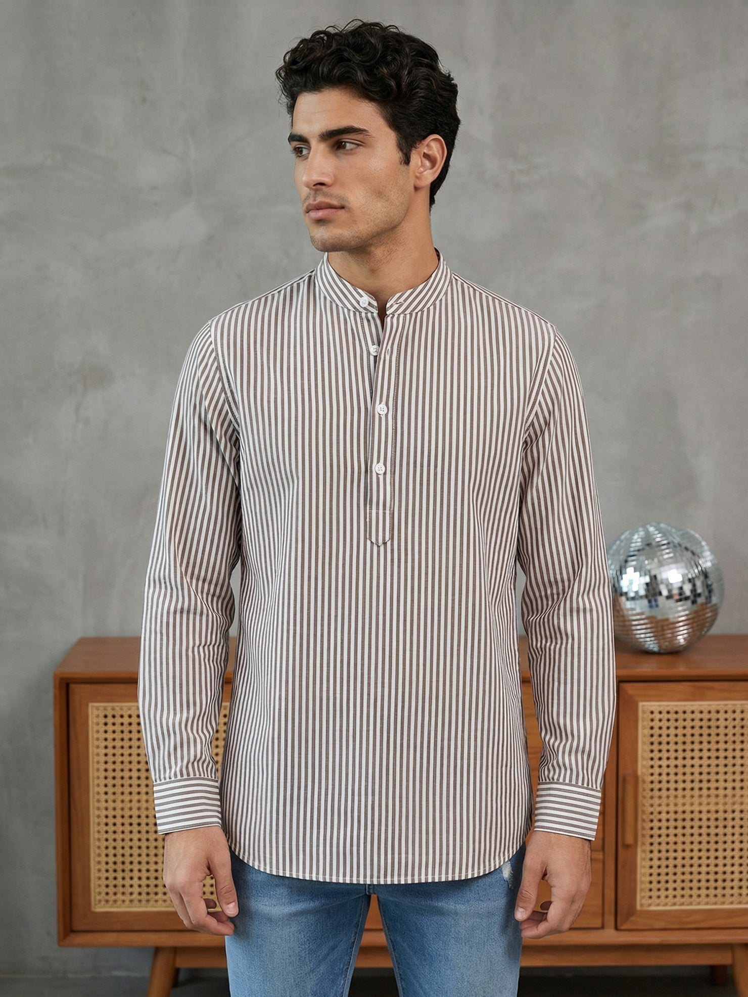 DesiQlo Men Striped Kurta Only - Beige - 65SK_5456Beige_S