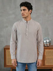Men’s Beige Striped Short Kurta ( 65SK 5456Beige ) [FF] [O-6]