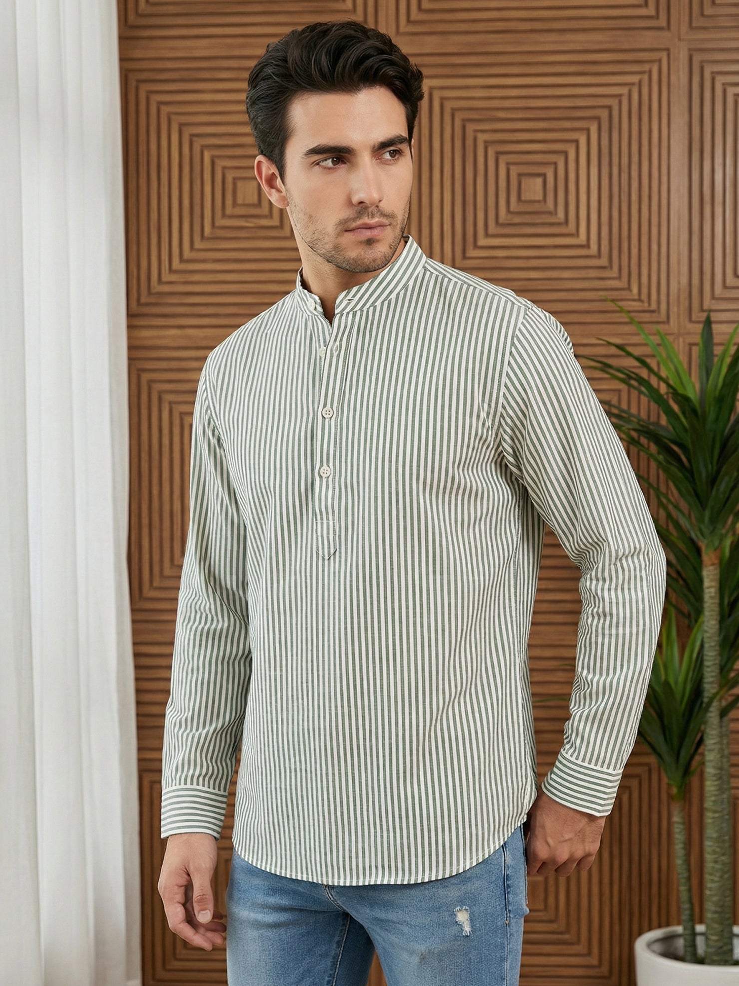 DesiQlo Men Striped Kurta Only - Green