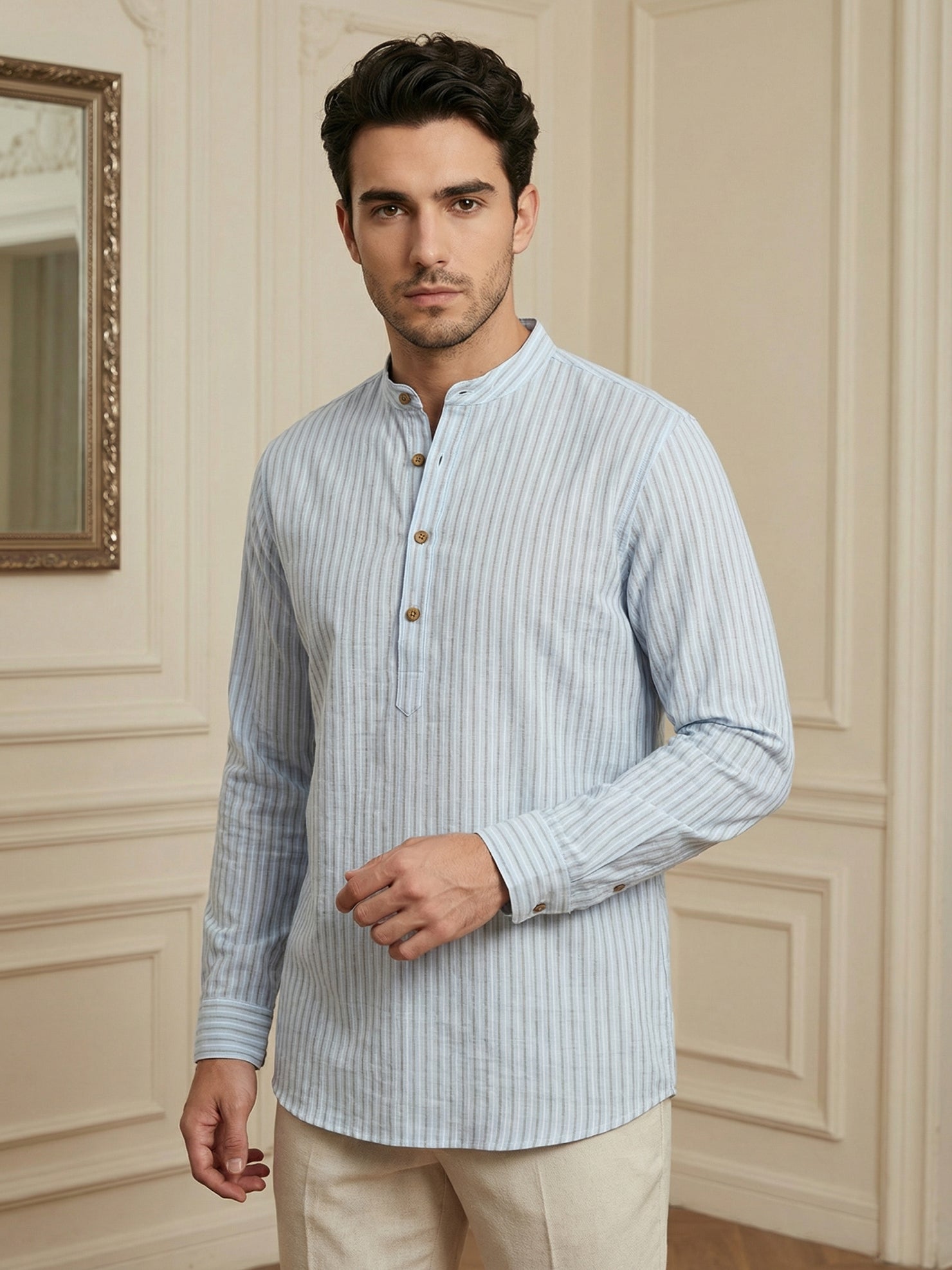 DesiQlo Men Striped Kurta Only - Blue - 65SK_5471Sky_S