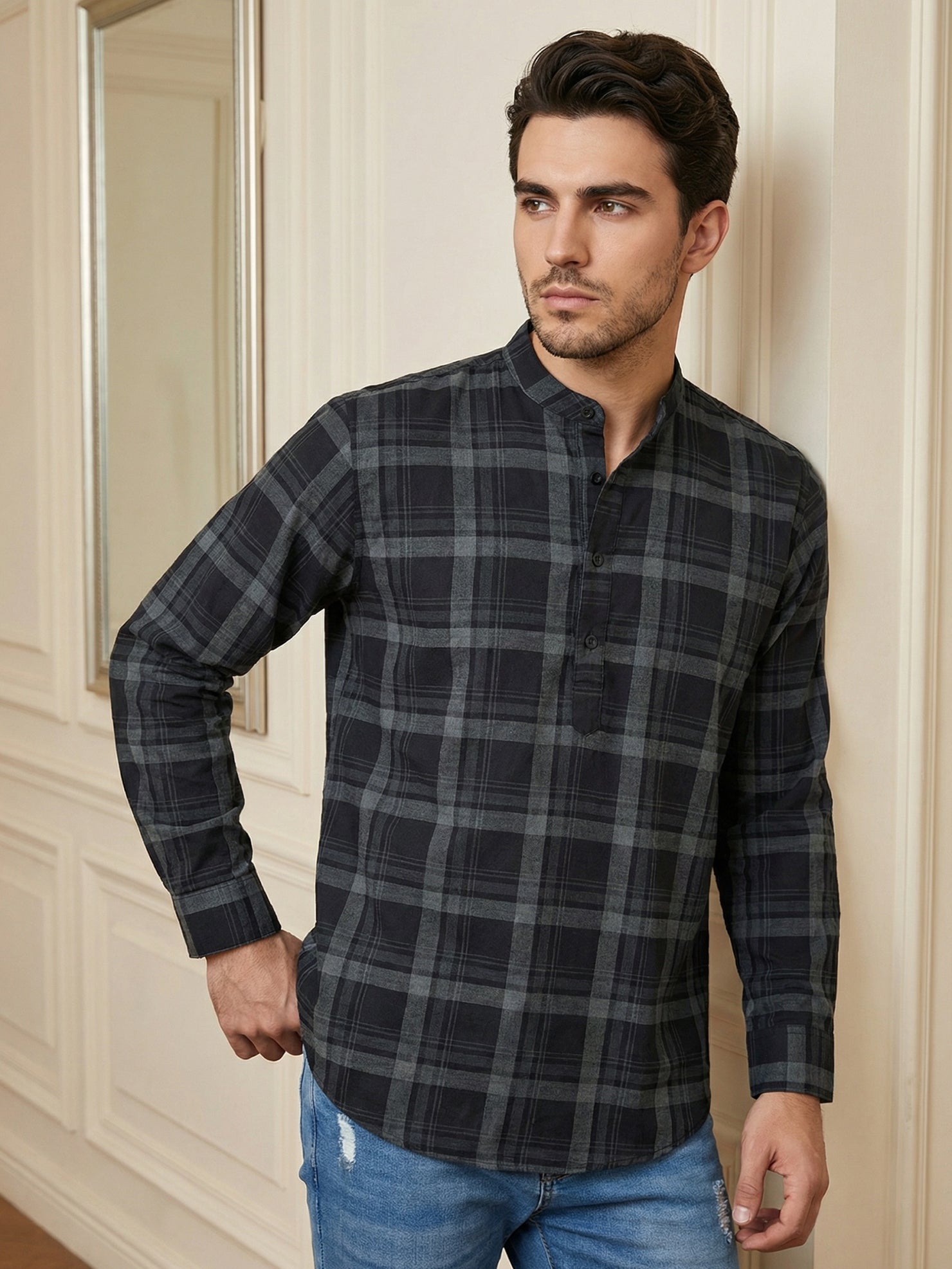 DesiQlo Men Checked Kurta Only - Grey