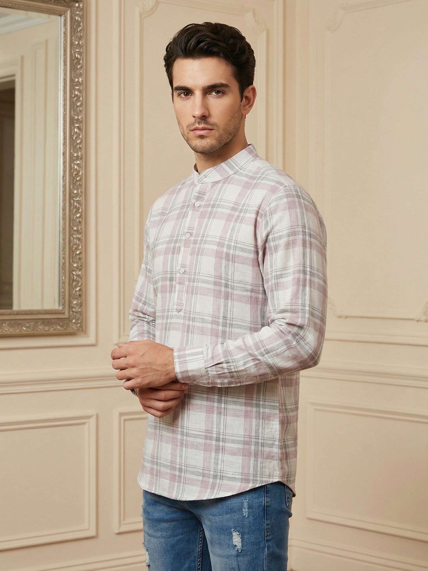 DesiQlo Men Checked Kurta Only - Pink