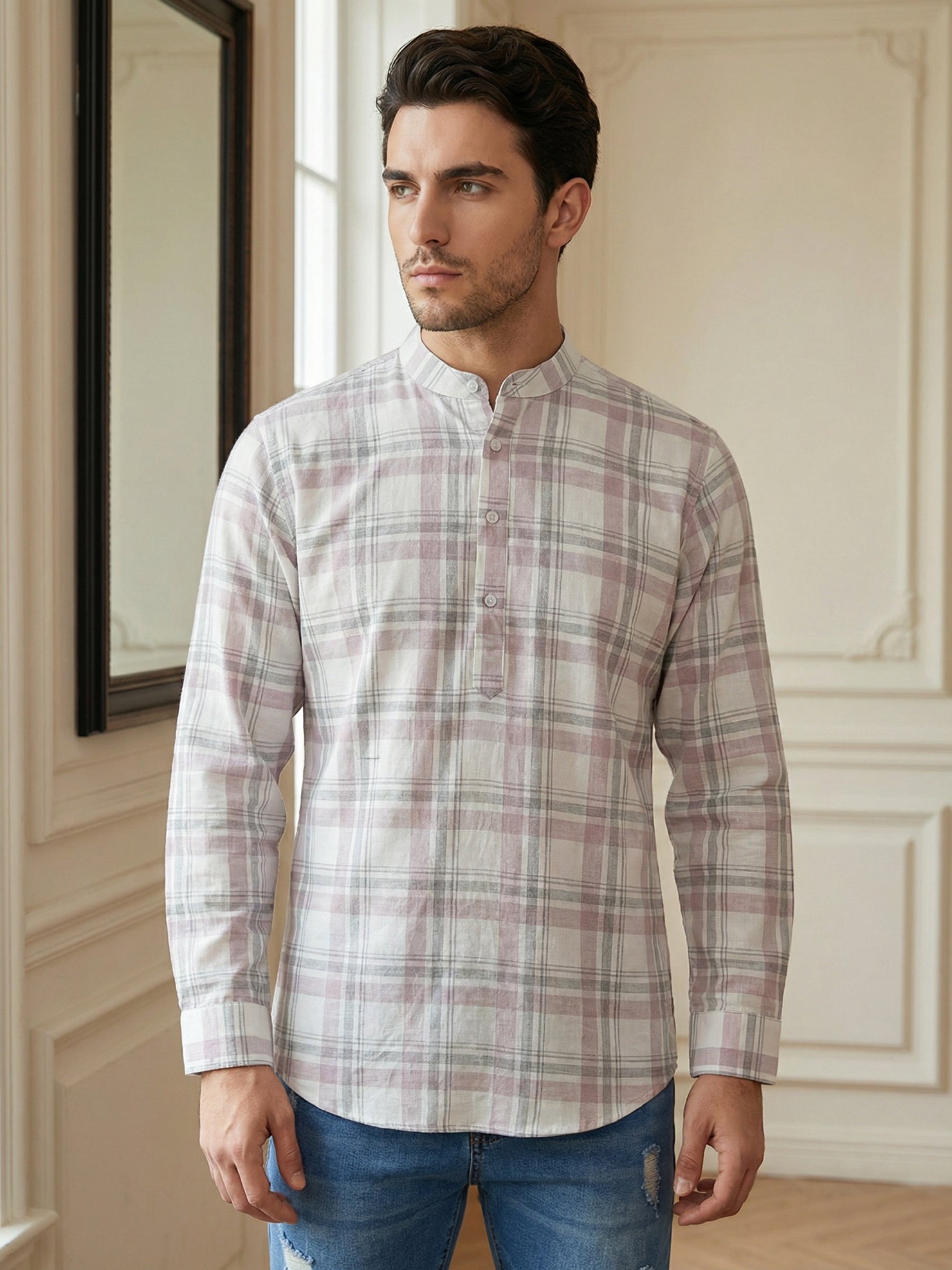 DesiQlo Men Checked Kurta Only - Pink