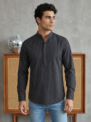 Men's Cotton Striped Short Kurta ( 65SK 5488Black ) [FF] [A-14]