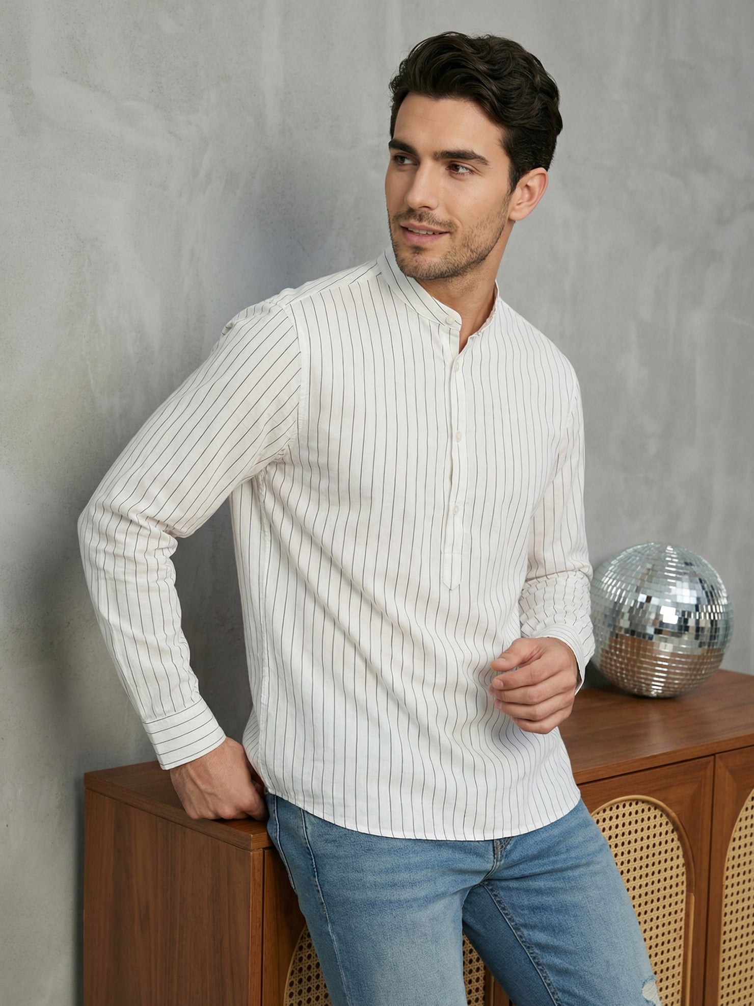 DesiQlo Men Striped Kurta Only - White - 65SK_5488White_S