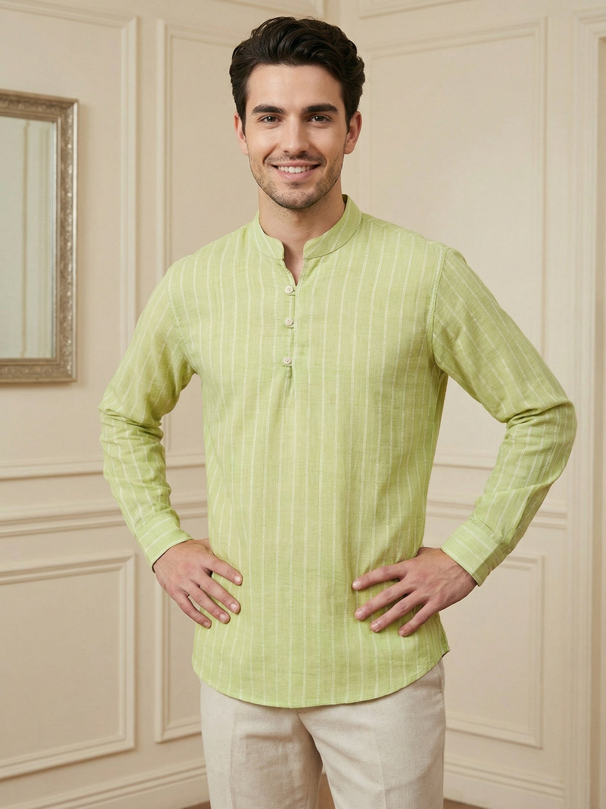 Men Striped Cotton Blend Short Kurta ( 65SK 5495Green ) [FF] [K-14]