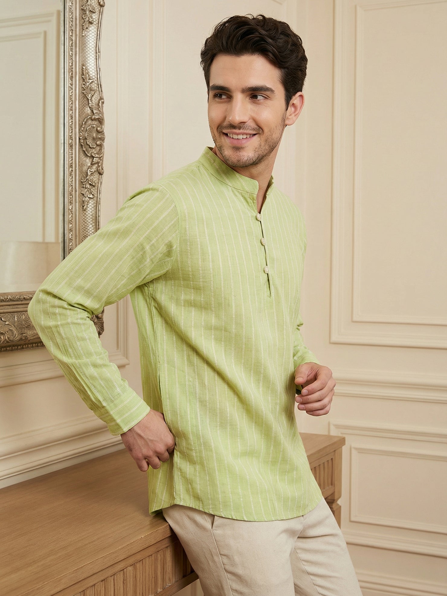 DesiQlo Men Striped Kurta Only - Green - 65SK_5495Green_S