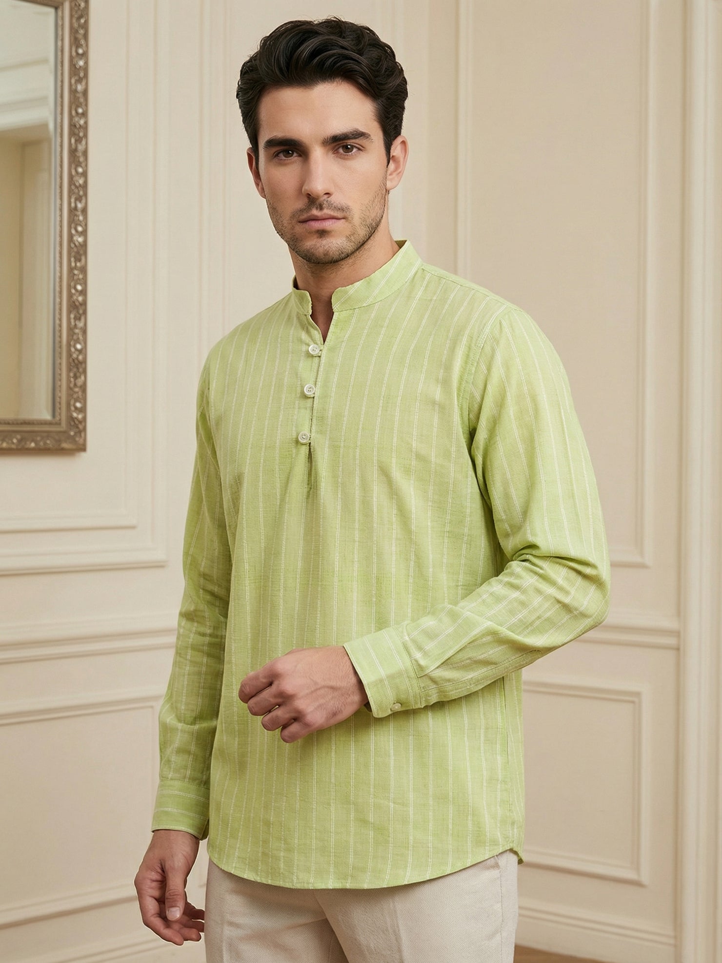 DesiQlo Men Striped Kurta Only - Green - 65SK_5495Green_S
