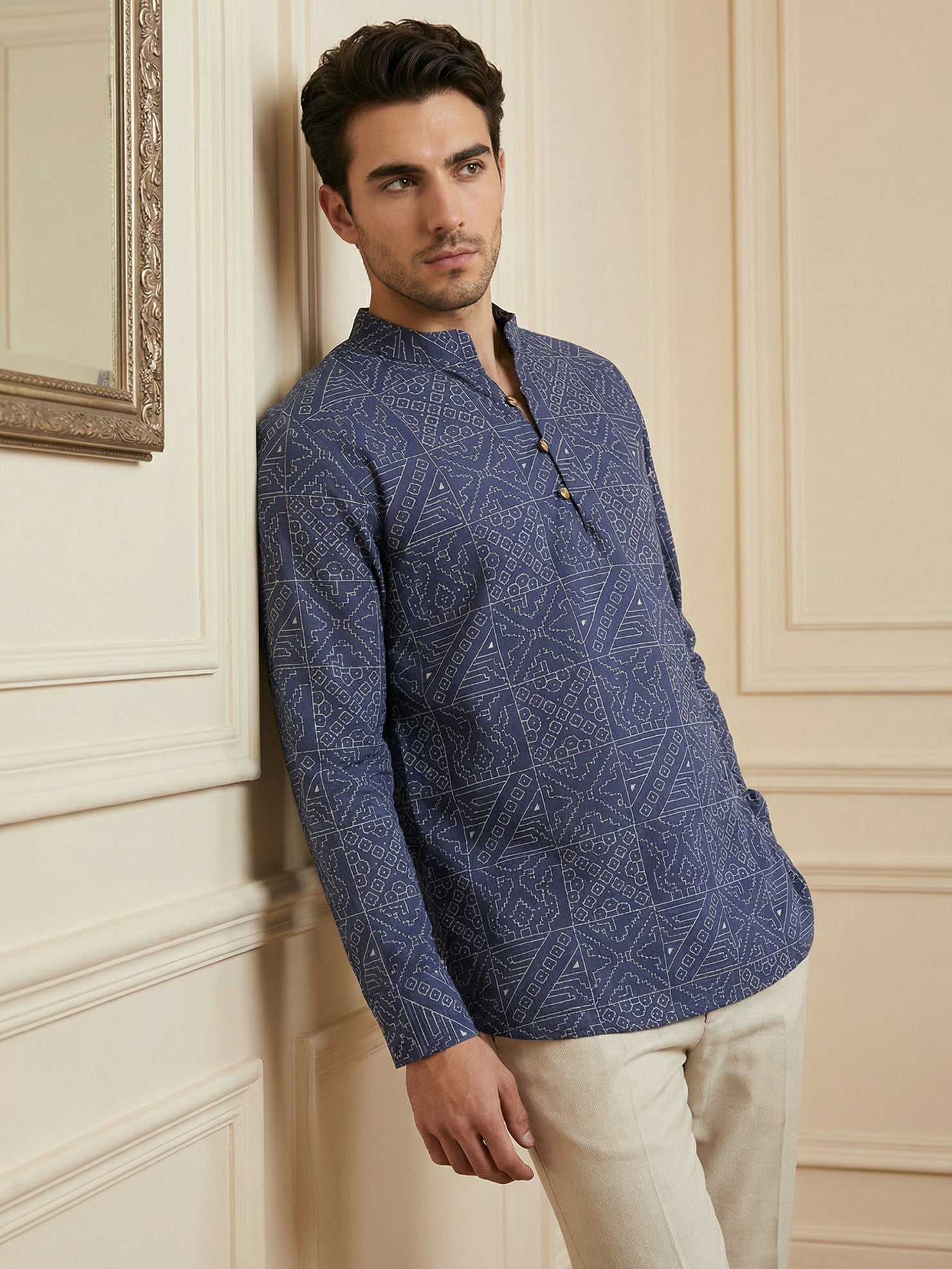 DesiQlo Men Printed Kurta Only - Blue - 65SK_5522Navy_S