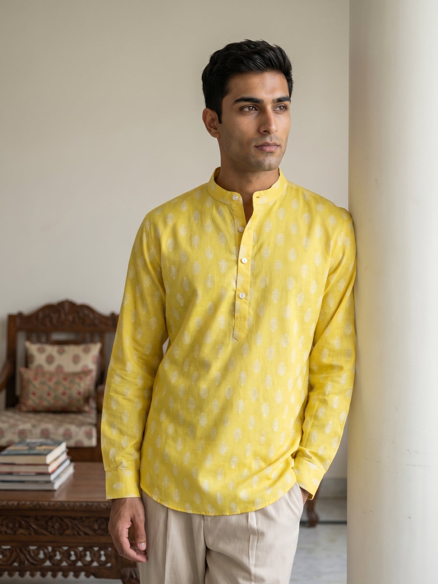 DesiQlo Men Printed Kurta Only - Yellow - 65SK_5564Lemon_S