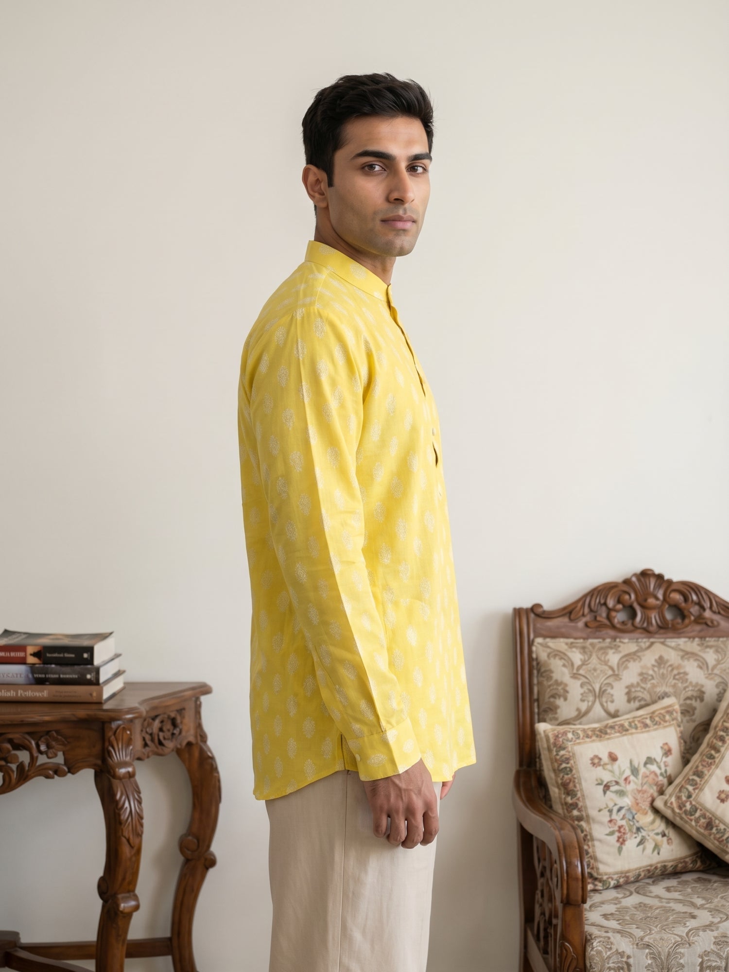 DesiQlo Men Printed Kurta Only - Yellow - 65SK_5564Lemon_S