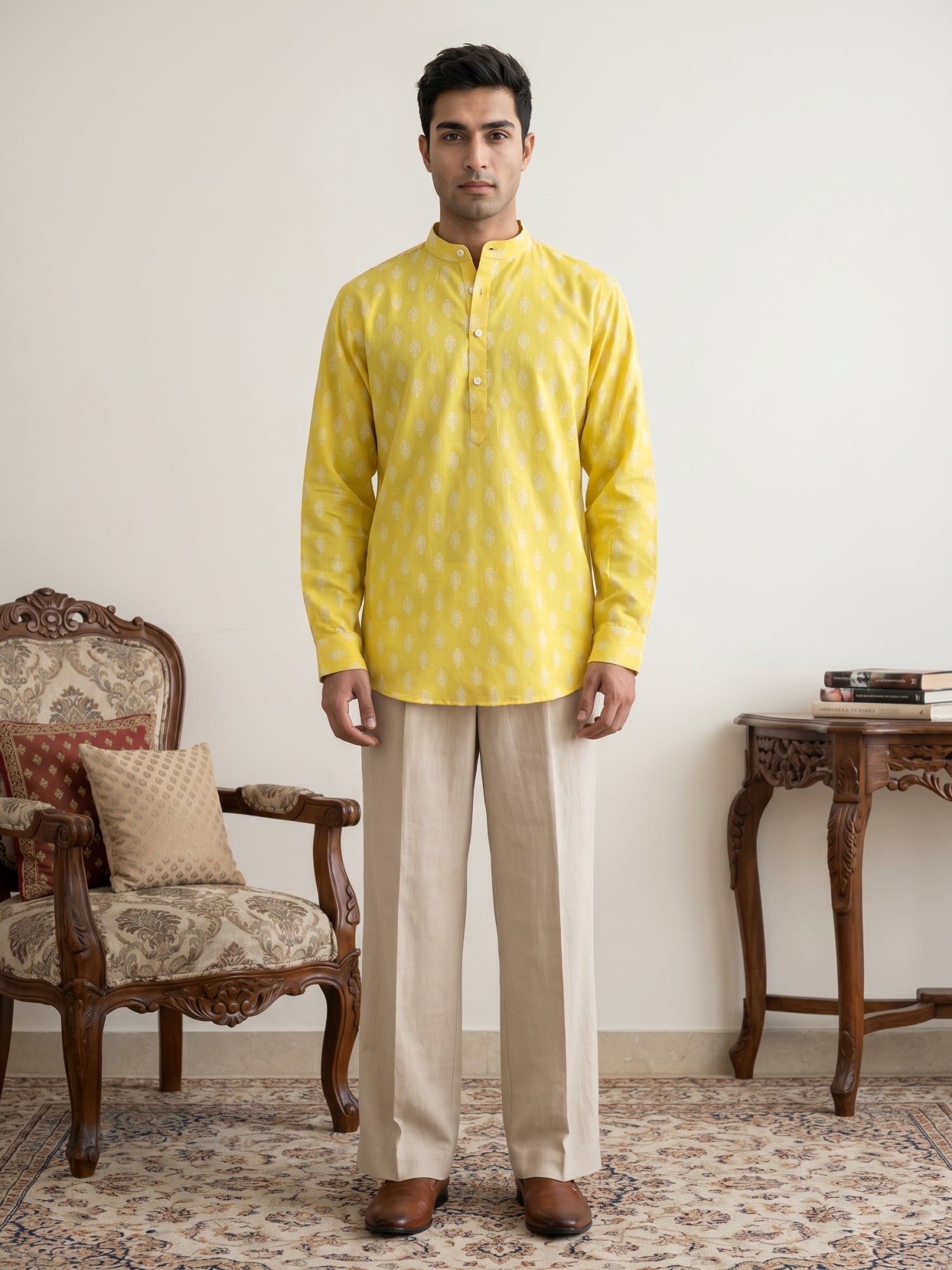 DesiQlo Men Printed Kurta Only - Yellow - 65SK_5564Lemon_S
