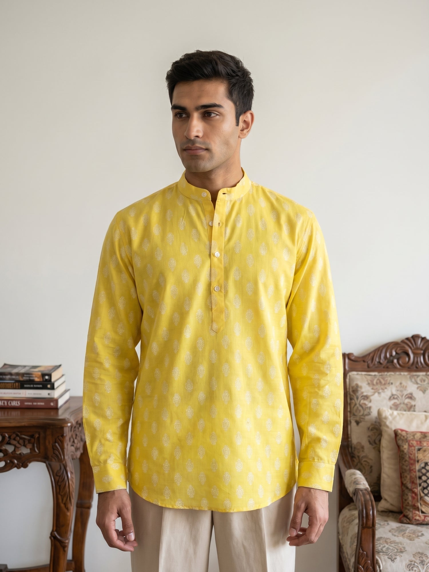 DesiQlo Men Printed Kurta Only - Yellow - 65SK_5564Lemon_S