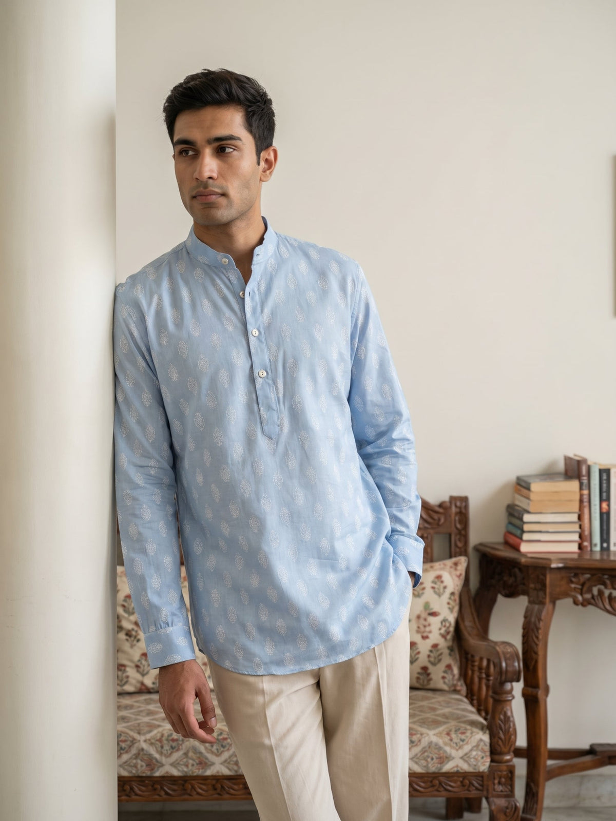 Cotton Blend Traditional Printed Short Kurta ( 65SK 5564Sky ) [FF] [A-13]