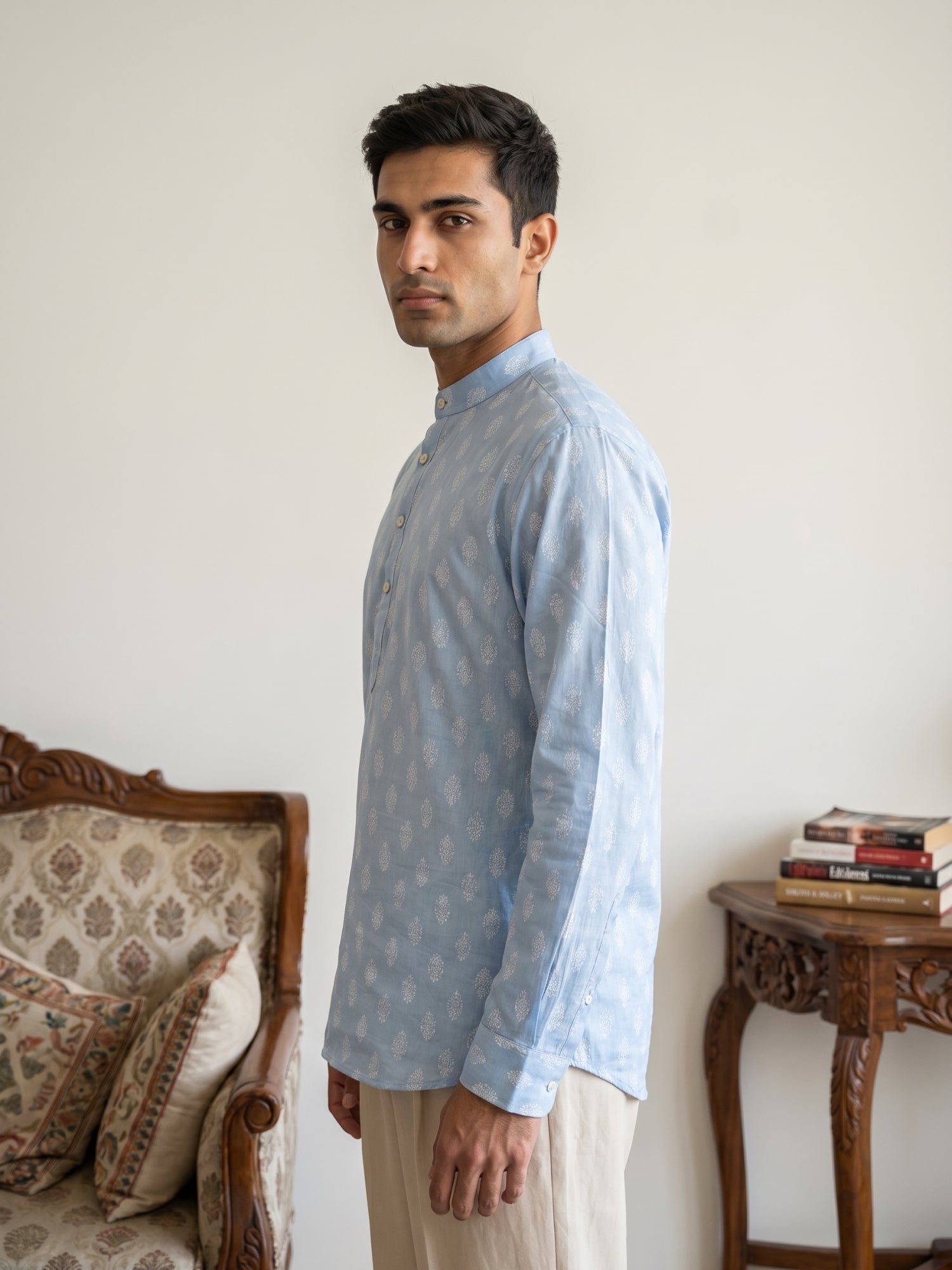 DesiQlo Men Printed Kurta Only - Blue - 65SK_5564Sky_S