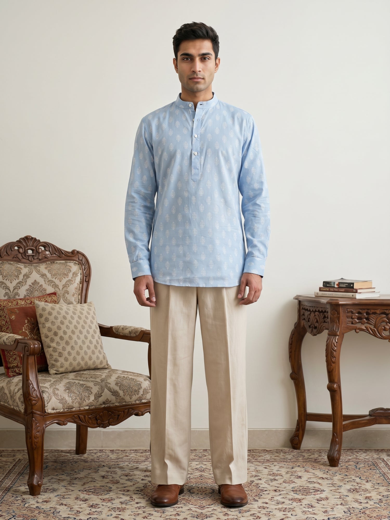 DesiQlo Men Printed Kurta Only - Blue - 65SK_5564Sky_S