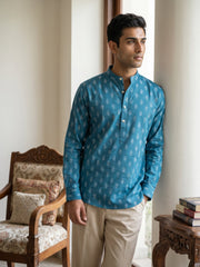 Cotton Blend Traditional Printed Short Kurta ( 65SK 5564Teal ) [FF] [A-13]