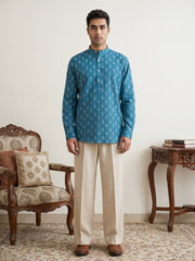 Cotton Blend Traditional Printed Short Kurta ( 65SK 5564Teal ) [FF] [A-13]