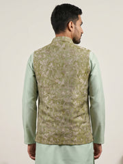 Men Floral Woven Silk Blend Nehru Jacket ( 65WC 4155Pista )