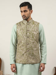 Men Floral Woven Silk Blend Nehru Jacket ( 65WC 4155Pista )