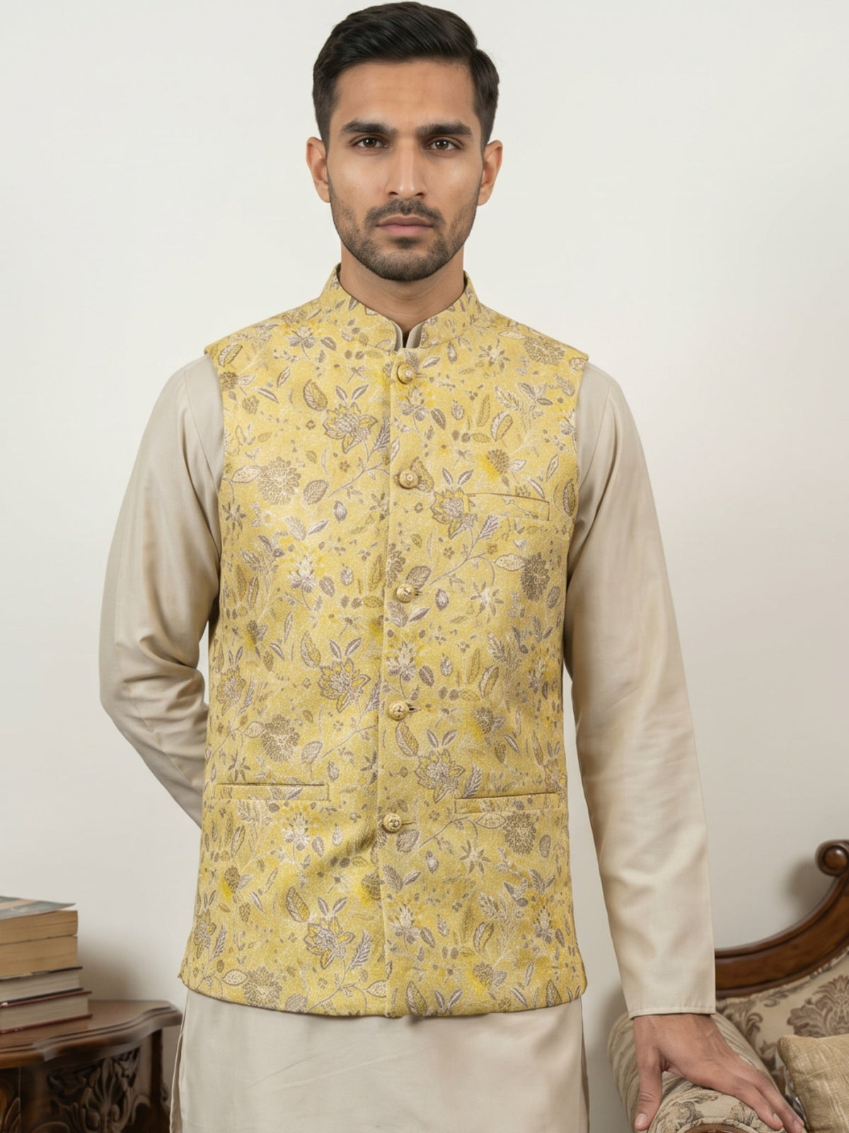 Men Floral Woven Silk Blend Nehru Jacket ( 65WC 4155Yellow )