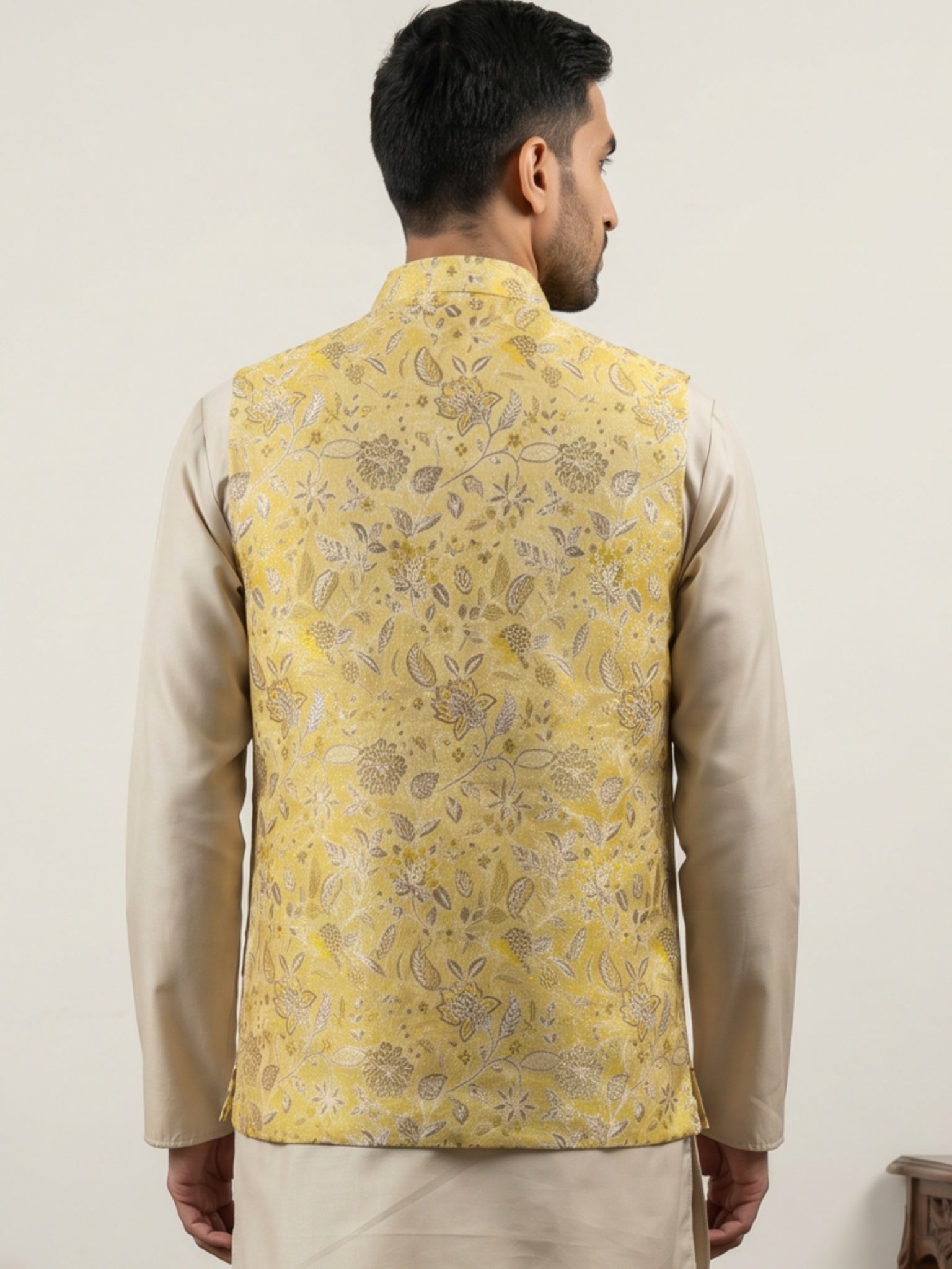 DesiQlo Men Woven Design Nehru Jacket and Kurta Pyjama  - 65WC_4155Yel