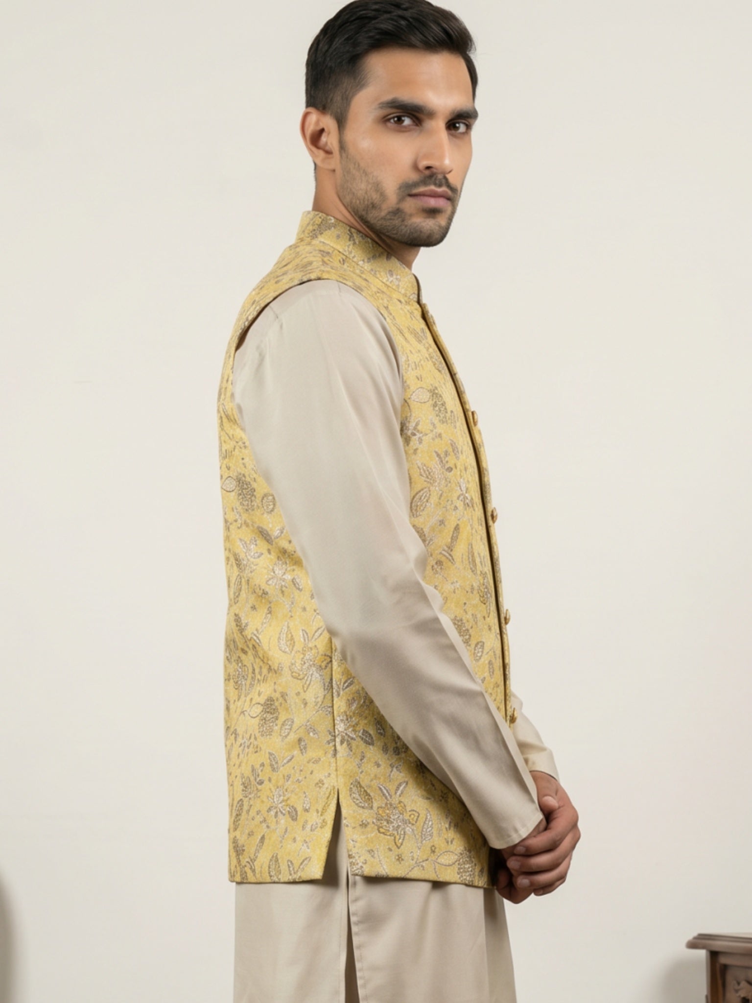 DesiQlo Men Woven Design Nehru Jacket and Kurta Pyjama  - 65WC_4155Yel