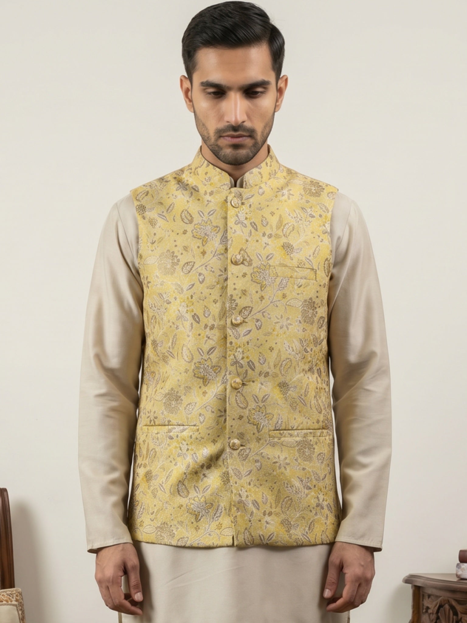 DesiQlo Men Woven Design Nehru Jacket and Kurta Pyjama  - 65WC_4155Yel