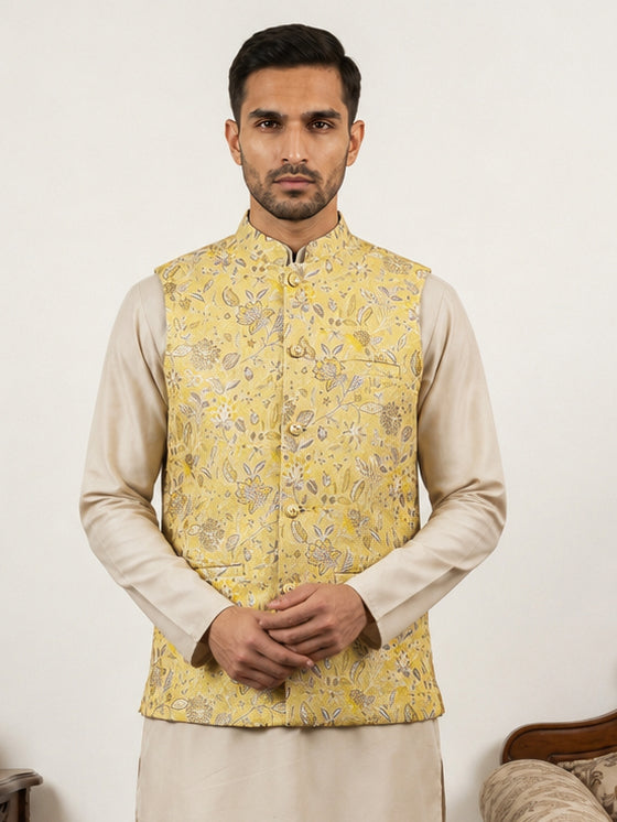 DesiQlo Men Woven Design Nehru Jacket and Kurta Pyjama  - 65WC_4155Yel