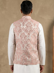 Men's Floral Jacquard Silk Blend Nehru Jacket ( 65WC 4156Peach )