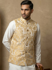 Men's Floral Jacquard Silk Blend Nehru Jacket ( 65WC 4156Yellow )